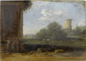 Paesaggio italianeggiante con figure che conversano in primo piano